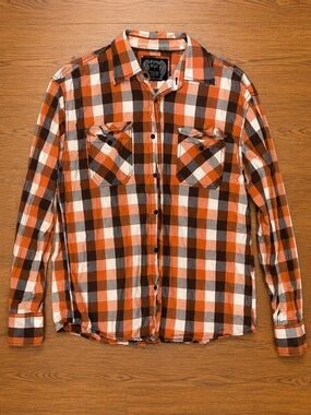 City Lights Orange Plaid Button Front Shirt Size M